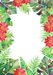Watercolor card arrangement with tropical leaves and floers