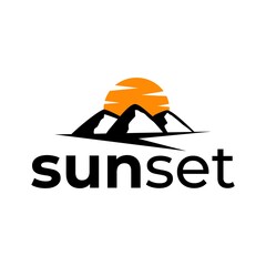 Mountain sunset logo design for outdoor adventure or travel concept sun illustration