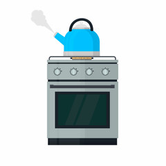Gas stove. Kettle boils water, vector illustration