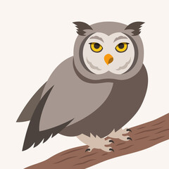 Cute owl vector cartoon illustration. Wild forest bird sitting on a tree branch. Shaggy adult predator. Isolated. Forest animal simple character for education