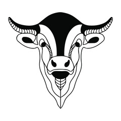 Graphic image of a bull. Buffalo vector logo. Coloring book of a horned animal.  Cattle. Taurus 2021. Vector silhouette of a bull.