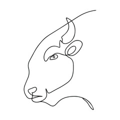 Vector illustration of a bull. Bull logo in continuous line style. Silhouette of cattle. Taurus zodiac sign. Buffalo coloring page, sketch of power tattoo. Drawing of a strong and dangerous animal.