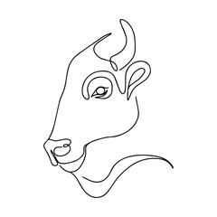 Silhouette of a bull. Continuous line drawing of a bull. Domestic cattle, coloring book. Taurus zodiac sign. Cattle head. Ready label, bull logo.