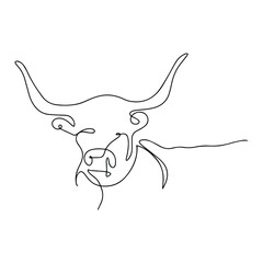 Silhouette of a bull. Continuous line drawing of a bull. Domestic cattle, coloring book. Taurus zodiac sign. Cattle head. Ready label, bull logo. Stylish modern coloring book.