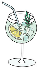 Stylish hand-drawn doodle cartoon style gin tonic in balloon cocktail glass garnished with lemon and rosemary branch vector illustration. - obrazy, fototapety, plakaty
