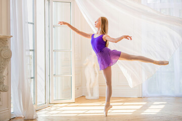 young slender ballerina in lilac leotard stands on pointe shoes in beautiful white room near a...