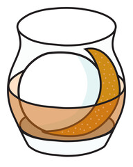 Stylish hand-drawn doodle cartoon hipster style cool fresh Old Fashioned cocktail. Garnished with orange zest twist in a classic glass and spherical ice vector art illustration.