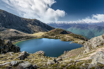 View of Appy Lake, Pyrenees, lake mountain landscape, Ariege, France