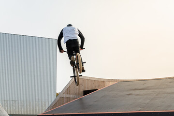 A young rider on a BMX bike does tricks in the air