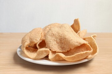 close-up prawn shrimp crackers on wooden background