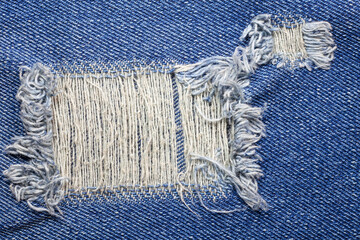 Blue torn denim jeans texture.