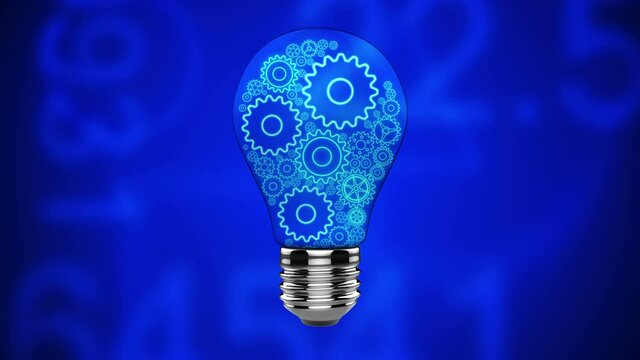 Innovation, research lightbulb with gears glowing as technological idea, thinking, AI, development. 3D strategy concept idea, 4K UHD video animation loop background.