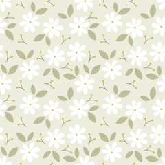 Fototapeta na wymiar Daisy flower seamless on green background illustration. Pretty floral pattern for print