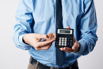 national business man in blue shirt cryptocurrency bitcoin finance light background