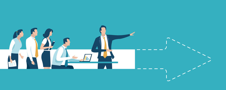 Leader. Leader points outside the marked area and reveals the direction forward. Business concept illustration. 