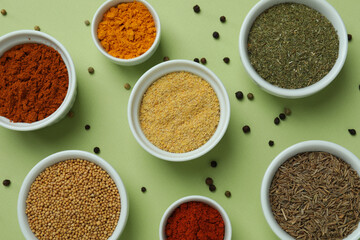 Set of different spices in bowls on green background