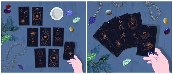 A set of illustrations of the layout on the tarot cards cards of the self-reflection session information card. cards that you choose at night to reflect the day. These can be flashcards that you can u