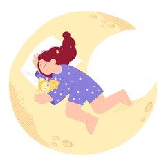 Sleeping beautiful young girl and a cute teddy bear. Restful sleep and rest on the moon. Good night. Vector image