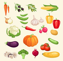 Colorful vegetables vector icon set.