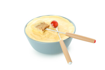 Bowl of cheese fondue isolated on white background