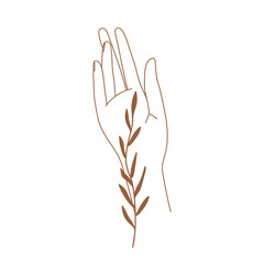 Minimal female hand in trendy linear style. Women's hand with branch. Vector linear boho icon for handmade products, jewelry, cosmetics, wedding concept illustrations etc. Branding.