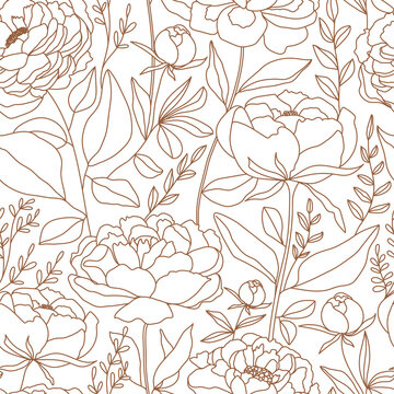 Seamless pattern of linear flowers, branch and leaves in trendy style. Simple boho texture for wrapping paper, packaging, fabric, wallpaper etc. Vector design.