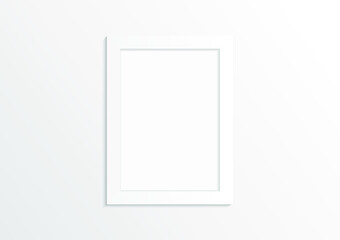 White empty photo image frame. Mock up for composition object with shadow. Realistic vertical isolated template. Vector illustrator.