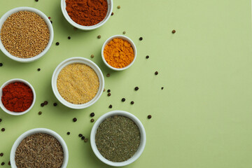 Set of different spices in bowls on green background