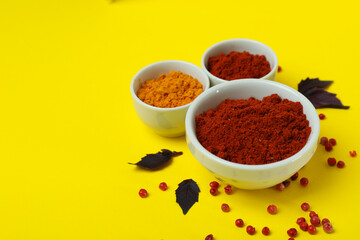 Aromatic spices in white bowls on yellow background
