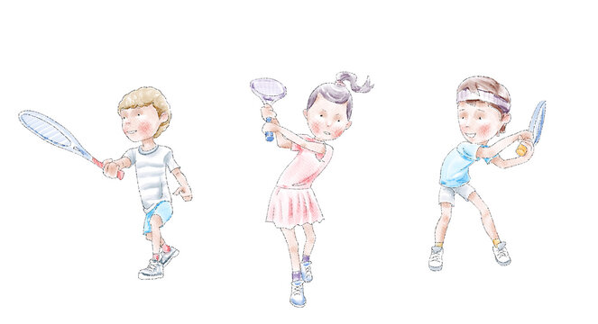 Cute kids playing tennis. Girl, boys characters watercolor drawing set. Cartoon illustrations