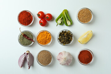 Concept of aromatic spices on white background