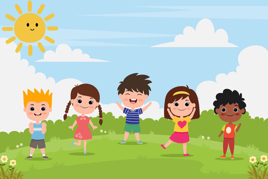 illustration of a group Happy kids boys and girls various poses at spring green grass landscape,cute cartoon style, bright colors