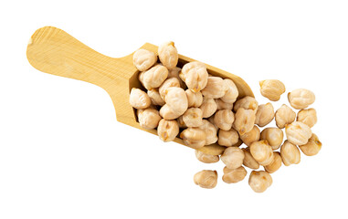 Organic uncooked chickpeas grains in wooden spoon. dried chickpeas isolated on white background....