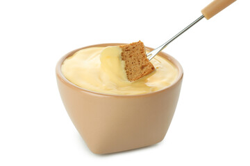 Bowl of cheese fondue isolated on white background