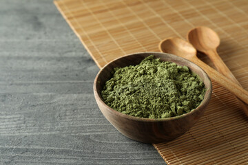 Concept of japanese tea with matcha on gray wooden table