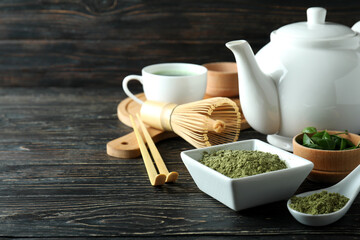 Concept of japanese tea with matcha on wooden table
