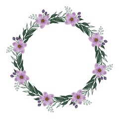 Obraz na płótnie Canvas circle frame with purple flower blossom and green leaf border for greeting and wedding card