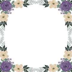 white square background with arrangement purple roses and white flower border for greeting card