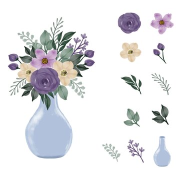 set blue vase with purple roses and white flower watercolor bouquet	