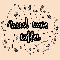 Simple doodle inscription about Coffee. Phrase about Coffee Needs more coffee. Illustration for website design, advertising, coffee shops, posters, banners