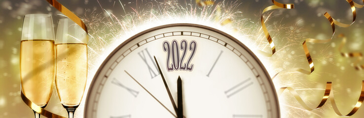 Obraz na płótnie Canvas Glasses of sparkling wine, clock, shiny streamers and firework on color background, banner design. Countdown to New Year 2022