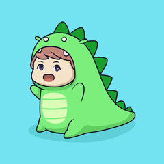 Cute chibi boy in dino costume illustration