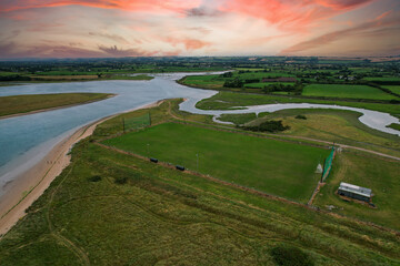 Aerial view of Pilmore Strand and the St Itas GAA pitch near Youghal in county Cork Ireland
