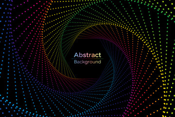 Abstract dark background with spiral colorful gradient dots.