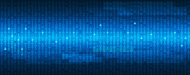 Abstract technology science binary code isometric vector blue background.Digital data and secure concept with number 0 and 1 and glow light.