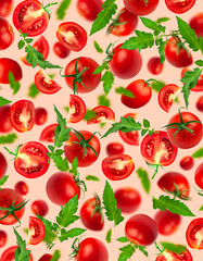 Creative food concept. Tomatoes pattern. Flying red ripe juicy tomatoes and green leaves on pink background. Healthy vegan organic food, vegetable, cherry tomatoes, summer, harvesting