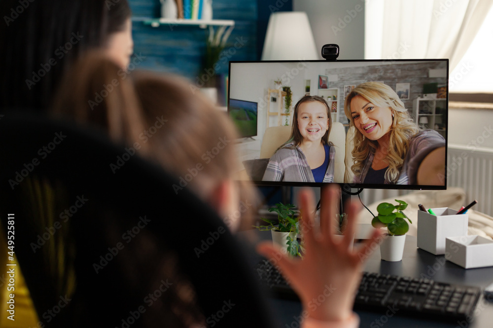 Poster modern people with internet video call conference online talking to relatives on virtual communicati