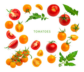 Collection of yellow red tomatoes with green leaves isolated on white background. Fresh ripe Cherry tomatoes. Whole vegetables and chopped halves. Healthy vegan organic food, harvest concept