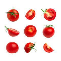 Collection of red tomatoes isolated on white background. Fresh ripe Cherry tomatoes. Whole vegetables and chopped halves. Healthy vegan organic food, harvest concept. Object for design