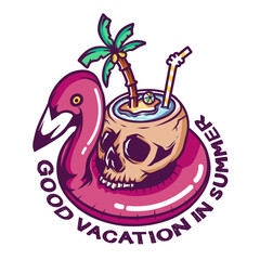 cocktail skull island and flamingo buoy illustration for t shirt design,etc
